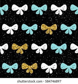Hand drawn seamless background. Gold, blue, white bow. Abstract bow pattern for christmas card, new year invitation, wedding album, book, scrapbook, textile fabric, garment, t-shirt. Gold texture