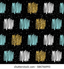 Hand drawn seamless background. Gold, blue, white line. Abstract line pattern for christmas card, new year invitation, wedding album, book, scrapbook, textile fabric, garment, t-shirt. Gold texture