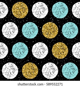 Hand drawn seamless background. Gold, blue, white round. Abstract round pattern for christmas card, new year invitation, wedding album, book, scrapbook, textile fabric, garment, t-shirt. Gold texture