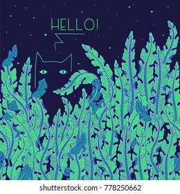 Hand drawn seamless background with green tropical banana leaves on night sky. Green foliage border, jungle irregular exotic leaves for your design, cards, print, interior, wallpaper, fabrics etc