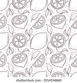 Hand drawn seamless background with lemons and leaves