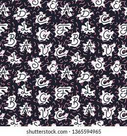 Hand drawn seamless background - letters and blots. Vector illustration