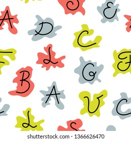 Hand drawn seamless background - letters and blots. Vector illustration