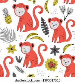 Hand drawn seamless background with monkeys, bananas and flowers.Pattern with cute design. Scandinavian style design. Vector illustration