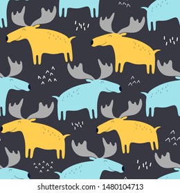 Hand drawn seamless background with mooses. Pattern with cute design. Scandinavian style design. Vector illustration