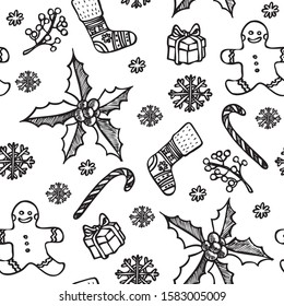 Hand drawn seamless background with New Year decoration for paper, fabric, card, website. Vector illustration isolated on white background.