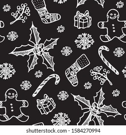 Hand drawn seamless background with New Year decoration for paper, fabric, card, website. Vector illustration isolated on black background.