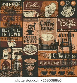 Fondo sin fisuras dibujado a mano sobre el tema del café con granos de café, tazas, máquina de café, cara femenina y letras vintage. Conveniente para el Fondo de pantalla, papel de embalaje, tela. No, yo usé