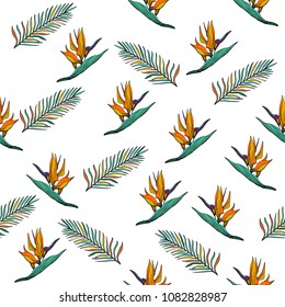 Hand Drawn Seamless Background With Palm  Leaves And Tropical Flowers. Jungle Pattern  For Textile Or Book Covers, Manufacturing, Wallpapers, Print, Gift Wrap And Scrapbooking.