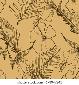 Hand Drawn Seamless Background With Palm  Leaves And Tropical Flowers. Jungle Pattern  For Textile Or Book Covers, Manufacturing, Wallpapers, Print, Gift Wrap And Scrapbooking. Contour Drawing.