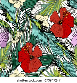 Hand Drawn Seamless Background With Palm  Leaves And Tropical Flowers. Jungle Pattern  For Textile Or Book Covers, Manufacturing, Wallpapers, Print, Gift Wrap And Scrapbooking.