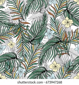Hand Drawn Seamless Background With Palm  Leaves And Tropical Flowers. Jungle Pattern For Textile Or Book Covers, Manufacturing, Wallpapers, Print, Gift Wrap And Scrapbooking.
