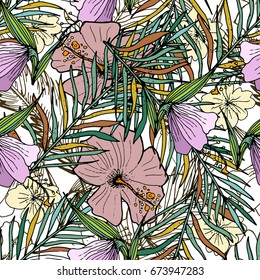 Hand Drawn Seamless Background With Palm  Leaves And Tropical Flowers. Jungle Pattern  For Textile Or Book Covers, Manufacturing, Wallpapers, Print, Gift Wrap And Scrapbooking.