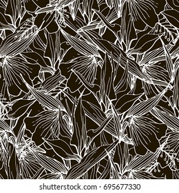 Hand Drawn Seamless Background With Palm  Leaves And Tropical Flowers. Jungle Pattern  For Textile Or Book Covers, Manufacturing, Wallpapers, Print, Gift Wrap And Scrapbooking.