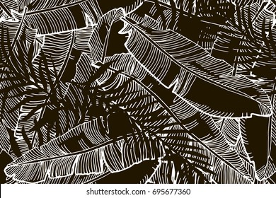 Hand Drawn Seamless Background With Palm  Leaves And Tropical Flowers. Jungle Pattern  For Textile Or Book Covers, Manufacturing, Wallpapers, Print, Gift Wrap And Scrapbooking.