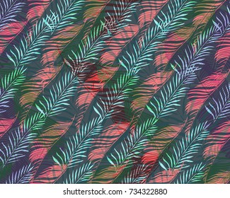 Hand Drawn Seamless Background With Palm  Leaves And Tropical Flowers. Jungle Pattern  For Textile Or Book Covers, Manufacturing, Wallpapers, Print, Gift Wrap And Scrapbooking.