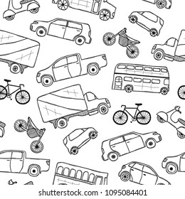 Hand drawn seamless background pattern with doodle hand drawn vechile objects.