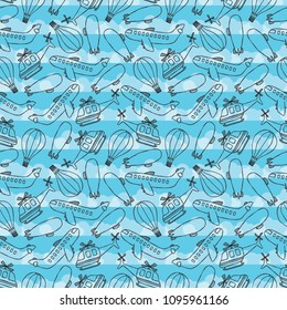 Hand drawn seamless background pattern with doodle hand drawn vechile objects.