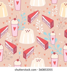 Hand drawn seamless background pattern Delicious dessert food Pudding Cake