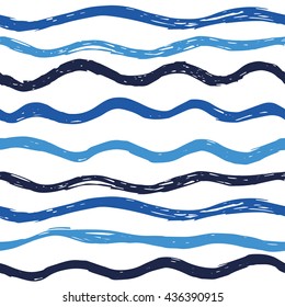 Hand drawn seamless background and pattern for textile, fabric. Blue lines and waves on white background. Vector illustration.
