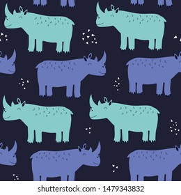 Hand drawn seamless background with rhinos. Pattern with cute design. Scandinavian style design. Vector illustration