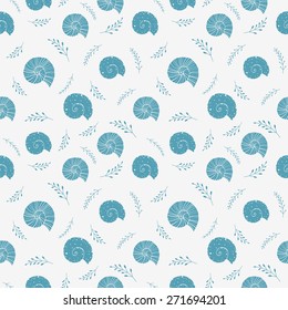 Hand drawn seamless background with silhouettes of sea shells. Vector retro illustrations