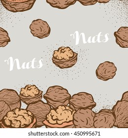 Hand drawn seamless background with sketch nuts. Vintage background.