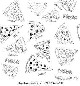 Hand drawn seamless background with sliced pizza