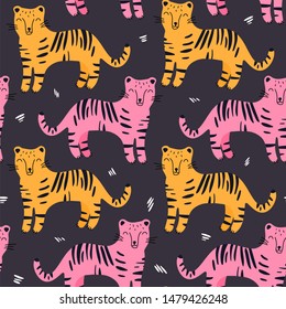 Hand drawn seamless background with tigers. Pattern with cute design. Scandinavian style design. Vector illustration