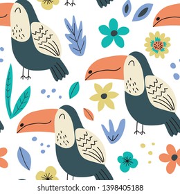 Hand drawn seamless background with toucans and flowers.Pattern with cute design. Scandinavian style design. Vector illustration