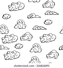 hand drawn, seamless background with white clouds in vintage style, on a white background for registration cards, backgrounds, graphic arts, textile