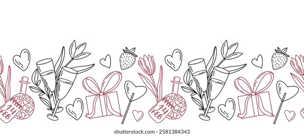 Hand drawn seamless banner with champagne glasses, gift box, hearts, strawberry, love potion, and calendar with date 14 February. outline style for Valentines design, cards, wallpaper, textile