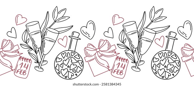 Hand drawn seamless banner with champagne glasses, gift box, hearts, love potion, and calendar with date 14 February. outline style for Valentines Day design, wrapping paper, cards, wallpaper, textile