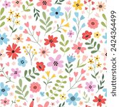 Hand drawn seamless beautiful floral pattern. Fabric design with simple spring summer flowers and hearts. Vector cute print for baby fabric, wallpaper or wrap paper.