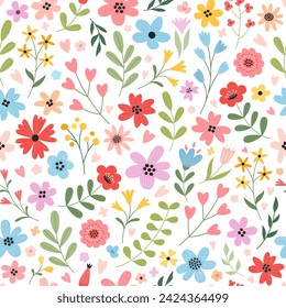 Hand drawn seamless beautiful floral pattern. Fabric design with simple spring summer flowers and hearts. Vector cute print for baby fabric, wallpaper or wrap paper.