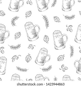 Hand drawn seamless beer pattern. Doodle style seamless pattern with beer, hop and wheat on white background