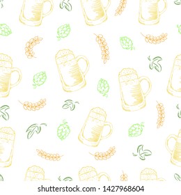 Hand drawn seamless beer pattern. Doodle style seamless pattern with beer, hop and wheat on white background
