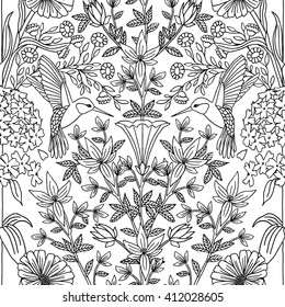 Hand drawn seamless black and white pattern with hummingbirds and flowers