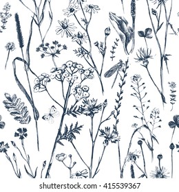 Handgezeichnet nahtlos mit schwarz-weißer Kräuter und Blumen 
