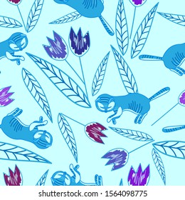 Hand drawn сute seamless рattern with blue cat, flowers and leaves on a light blue background.