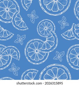 hand drawn seamless blue pattern outline of lemon or orange slices and mint leaves