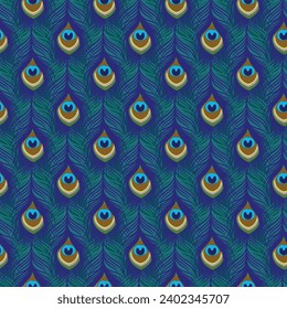 Hand drawn, seamless blue peacock feather pattern