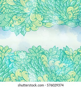 Hand drawn seamless blue and yellow elegant  invitation card design with swirls