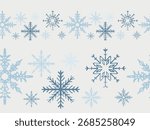 Hand drawn seamless border with blue snowflakes. Vector sketch illustration in vintage crayon textured style. Border frame design, Christmas, web banner