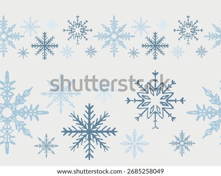 Hand drawn seamless border with blue snowflakes. Vector sketch illustration in vintage crayon textured style. Border frame design, Christmas, web banner