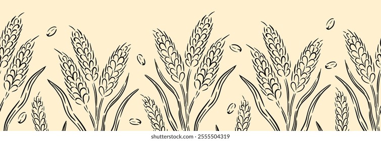 Hand drawn seamless border design featuring elegant wheat sheaves and detailed edging patterns vector illustration