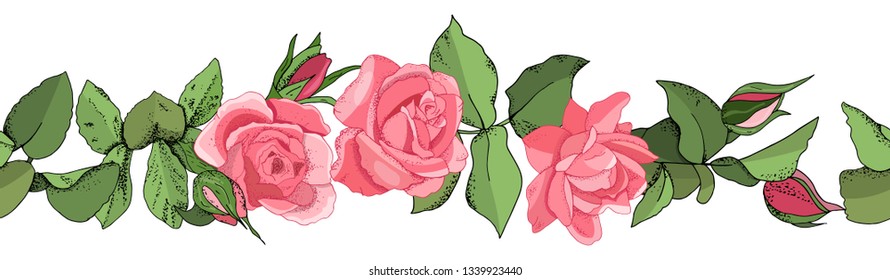 Hand drawn seamless border of pink roses (leaves, bud and an open flower). Wedding concept. Floral poster, invite. Vector arrangements for greeting card or invitation design background.