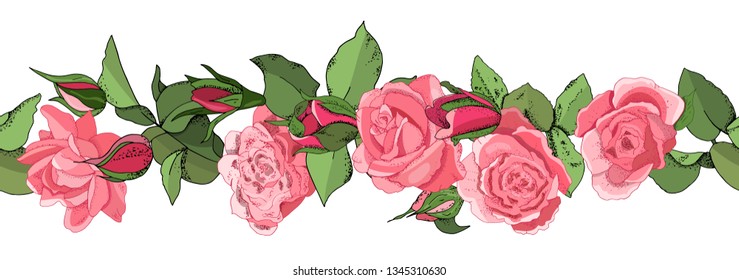 Hand drawn seamless border of pink roses Isolated on white. Flower rose, green leaves.  Wedding concept. Floral poster, invite. Vector arrangements for greeting card or invitation design background.