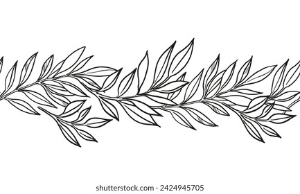 hand drawn seamless border of vector plants, brunch of flowers, sketch of leaves, herbs, grass, inked silhouette of leaves, monochrome illustration isolated on white background