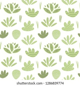 Hand drawn seamless botanical pattern with green shrubs and grasses on white background. Vector illustration. Flat style design. Concept for kids textile print, wallpaper, wrapping paper